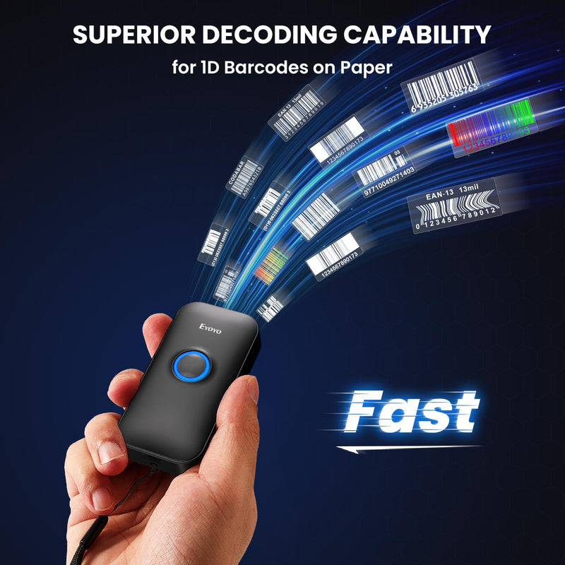 Eyoyo 1D Mini Bluetooth Barcode Scanner, 3-in-1 USB Wired & Bluetooth & 2.4G Wireless Barcode Reader Portable Bar Code Scanning Work with Tablets or Computers, Windows, Android, iOS