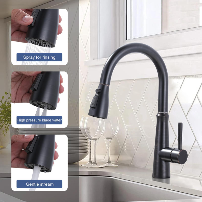 Metal Kitchen Faucet Head Replacement: 3-Function Pull Down Spray Nozzle with 9 Adapters, Sink Sprayer Replacement Compatible with Moen, Delta, Kohler, American Standard Faucets, Oil Rubbed Bronze Stainless Steel