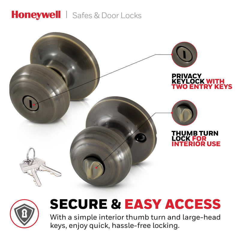 Honeywell Safes & Door Locks - Bedroom Door Knob with Lock and Key - Locking Interior Door Knobs Ideal for Closet, Room & Bathroom Requires Privacy - 5.25"L x 2.75"W Inches - Antique Brass - 8101102