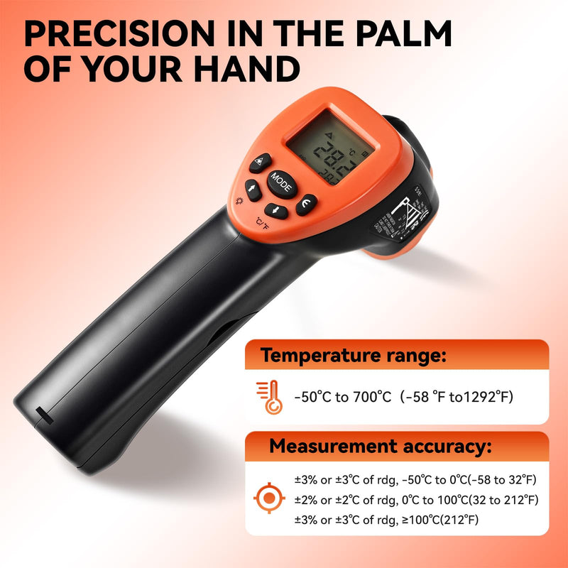 [Australia - AusPower] - Infrared Thermometer Gun, Handheld Heat Temperature Gun for Cooking, Pizza Oven, Grill, HVAC Engine, Laser Temperature Gun with Adjustable Emissivity & Max-Min Measure, Measure -58°F to 1292°F Orange 