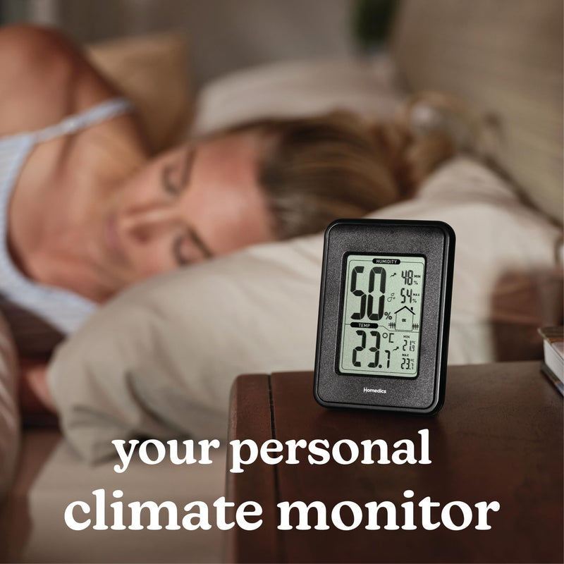 Homedics HM100 Indoor Humidity Monitor, Easy-Read Hygrometer to Monitor Indoor Air Comfort, Fahrenheit and Celsius, Battery-Operated Room Thermometer for Home