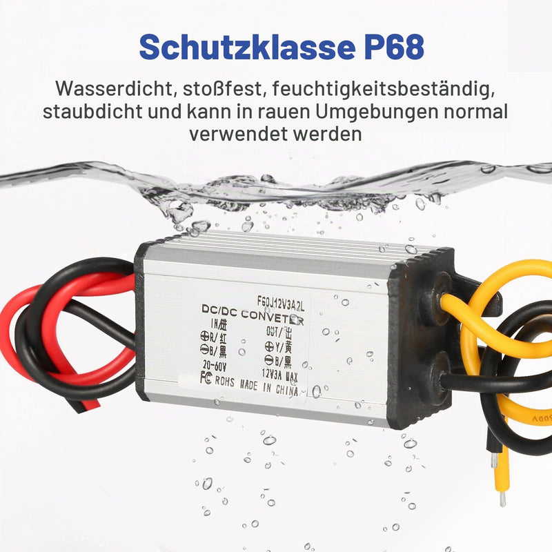 24V to 12V DC Step-Down Converter, 20-60V to 12V 3A Voltage Converter, Voltage Reducer Converter, Waterproof Power Supply Module Transformer, Voltage Limiter Adapter 20V-60V to 12V 3A