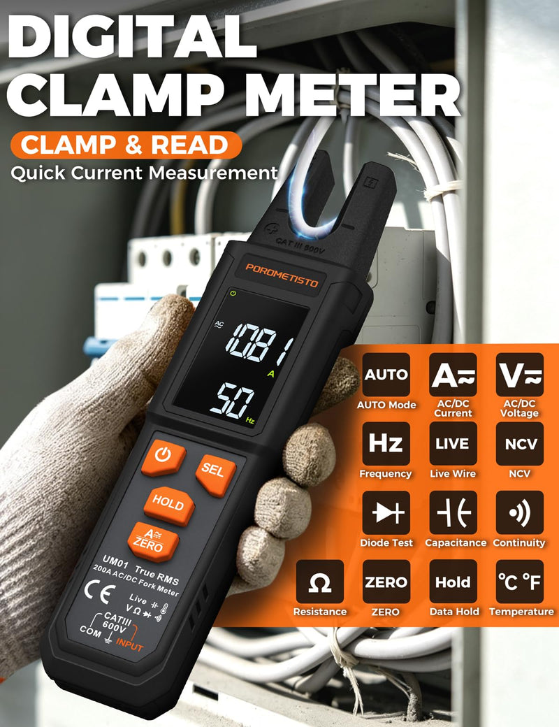 UM01 True RMS AC/DC Digital Current Clamp | U-shaped clamping jaw, AUTO detection, NCV, live phase detection – clamp multimeter & ammeter clamp in one.