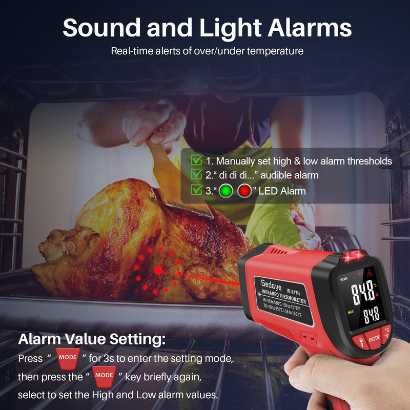 [Australia - AusPower] - Infrared Thermometer Gun, Gedaye Laser Temperature with IR Pointer 13:1, Meat Temp Gun with Metal Probe, Adjustable Emissivity, -58℉ to 1076℉, Heat Thermometer for Cooking Pizza Oven Grill Fridge BBQ Red 