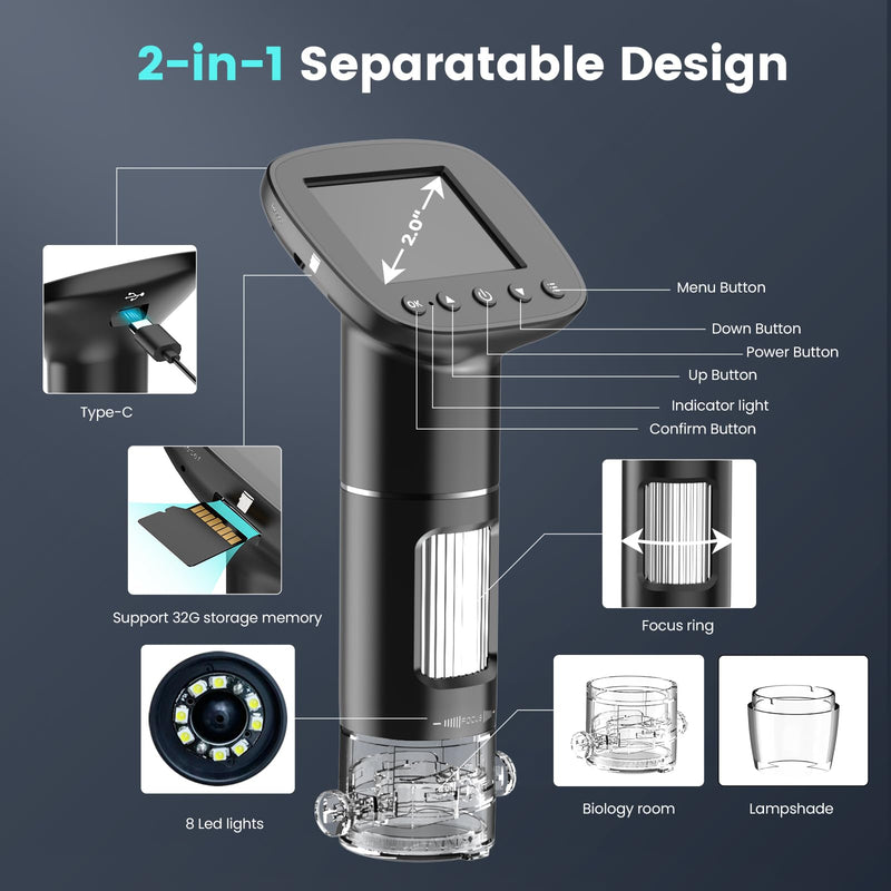 [Australia - AusPower] - Kids Microscope for Ages 8-12, Handheld Digital Microscope D-MS1 with 2" IPS Screen - Take Pictures & Videos - Download to PC & Mac - 1000X Pocket Microscope, Used Birthday for Kids black-B 