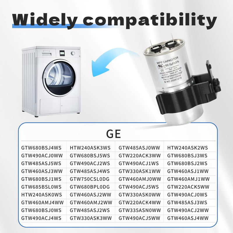 WH12X27614 Washer Start Capacitor and Bracket Kit, WH12X24103 Washing Machine Capacitor Compatible with GE, Hotpoint Washers, 60μF 250V AC, Direct Replacement for WH12X29017, WH13X28838, WH16X24102