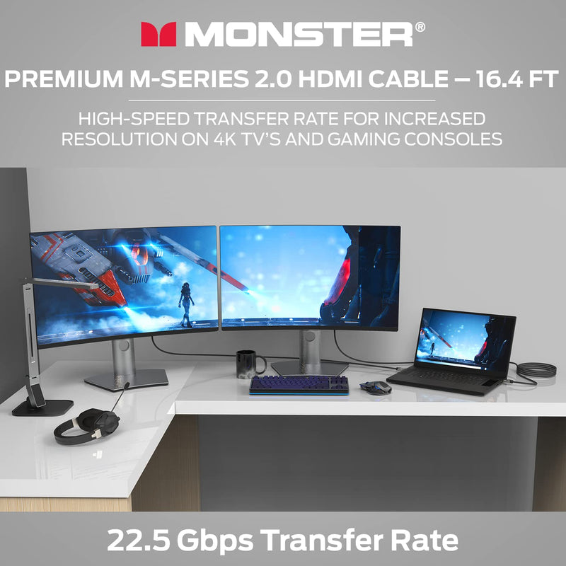 Monster M-Series Certified Premium HDMI Cable 2.0, High-Speed 22.5 Gbps, 4K UHD 60Hz, Triple-Layer Shielding, Duraflex Jacket, HDMI Cable for TV, Monitor, Gaming, PC, 16.4 ft