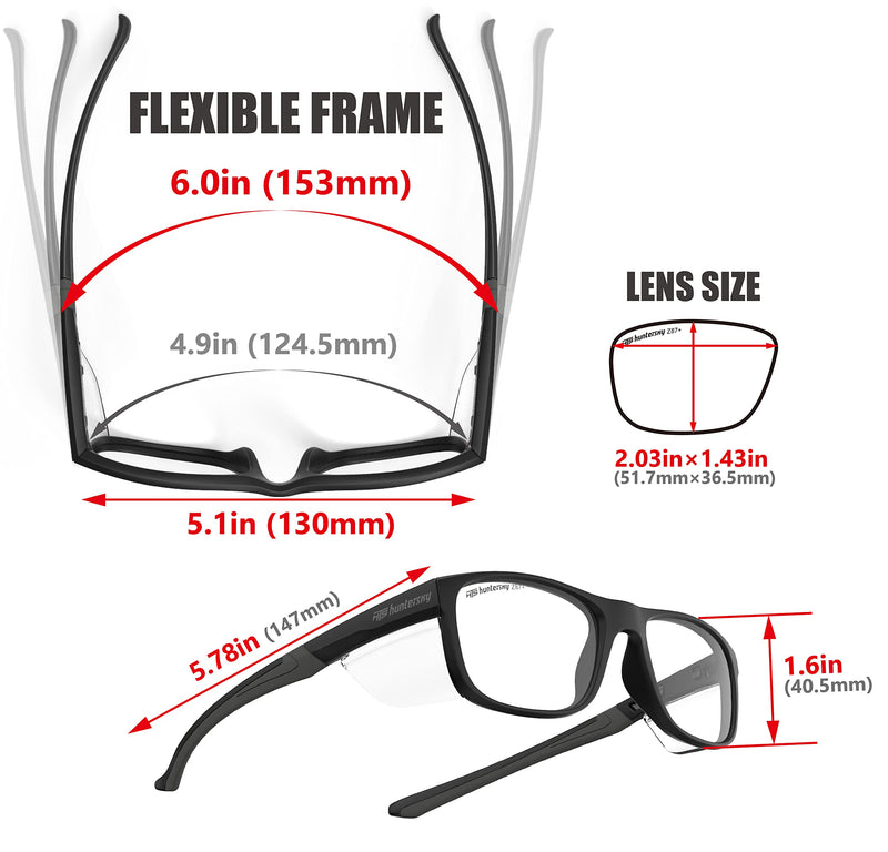 HTS HUNTERSKY TR90NZZ Safety Glasses with Side Shield Small Size Women Men ANSI Z87 Anti Fog Scratch Resistant Lab Pickleball Black/Clear 2 Pack