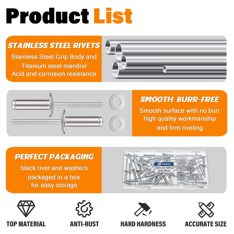 [Australia - AusPower] - 60pcs 3/16" x 3/4" Stainless Steel Pop Rivets with Stainless Steel Washers 4.8 x 20mm Blind Rivet Assortment Kit 3/16*3/4 