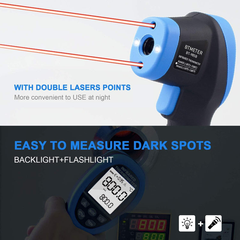 BTMETER BT-985B Laser Temp Gun Pyrometer, -58~2480℉(-50~1360℃) High Temperature Meter, 16:1 Distance Spot Ratio Industrial Infrared Thermometer Tester for Furnace, Smelting (NOT for Human Temp) BT-985B(-58 ℉ to 2480 ℉)