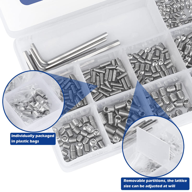 [Australia - AusPower] - 1000pcs Metric + SAE Set Screw Assortment Kit, Internal Hex Drive Cup-Point Allen Screws Set 304 Stainless Steel Grub Screw (M3-M8, 1/8""-40 to 5/16""-18) Silver Set Screws 1000PCS 