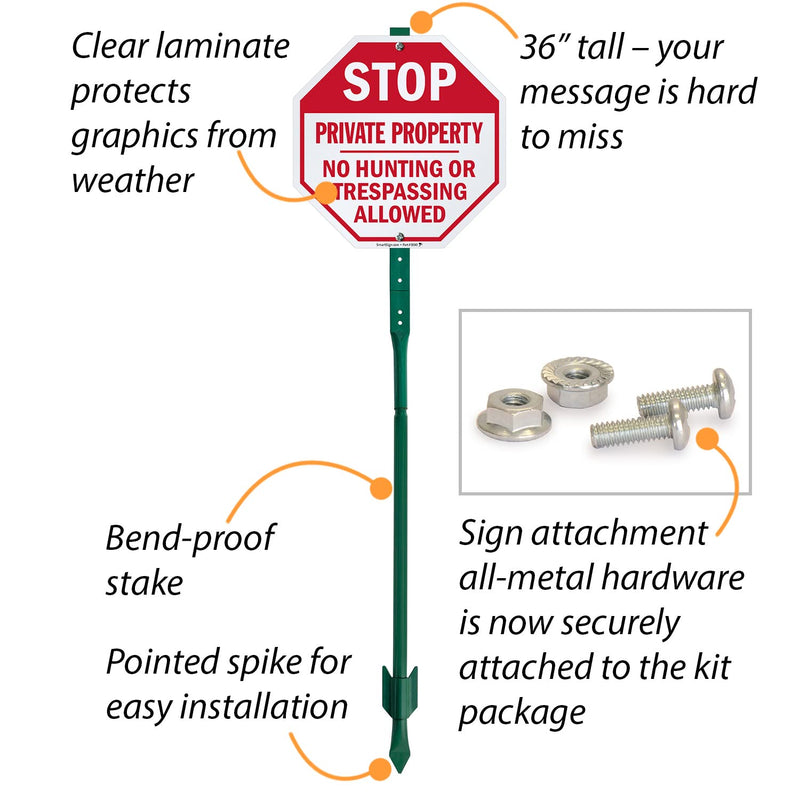 SmartSign 10 x 10 inch “Stop - Private Property, No Hunting Or Trespassing Allowed” LawnBoss Yard Sign with 3 foot Stake, 40 mil Laminated Rustproof Aluminum, Red and White, Set of 1
