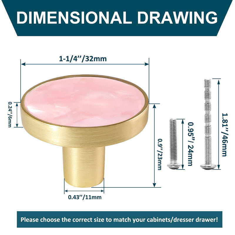 12 Pack Gold Knobs for Dresser Drawers, Brass Dresser Knobs Round Cabinet Knob for Kitchen Cabinet Cupboard Door Decorative Furniture Hardware, 1-1/4" Diameter, Pink 12 Pack