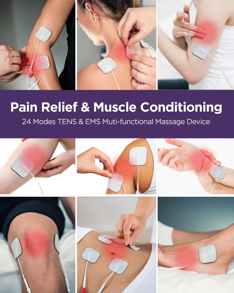 [Australia - AusPower] - TENKER TENS Unit Muscle Stimulator, 24 Modes TENS EMS Machine for Pain Relief Therapy/Pain Management, Rechargeable Electronic Pulse Massager with 2"x2" and 2"x4" TENS Unit Electrode Pads A-purple 