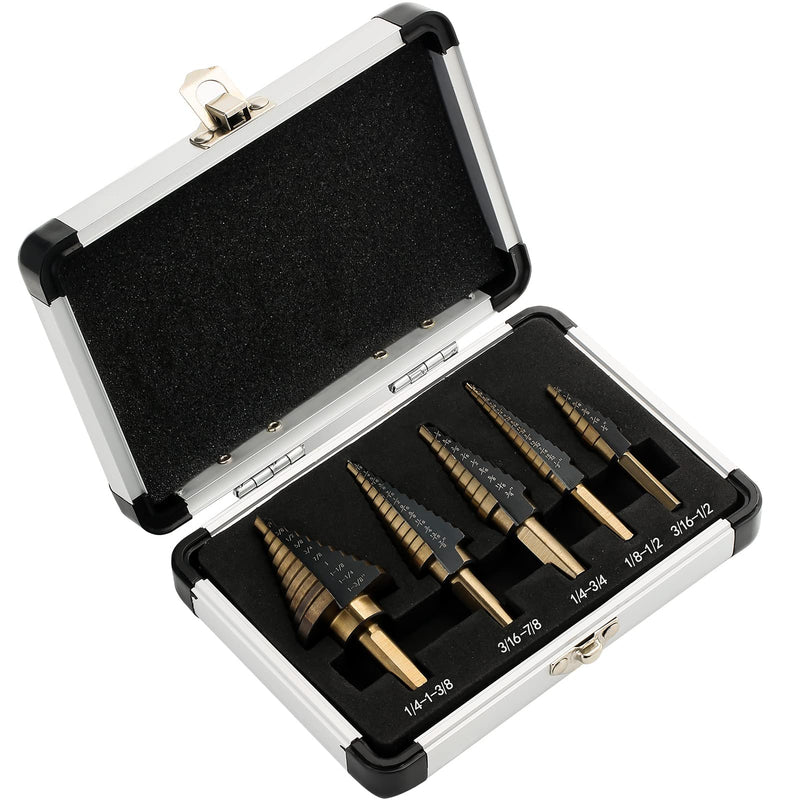 [Australia - AusPower] - Step Drill Bits, 5PCS HSS Titanium Step Drill Bit Set, 50 Sizes High Speed Steel Step Bits for Metal with Aluminum Case Straight 5 PC Set 