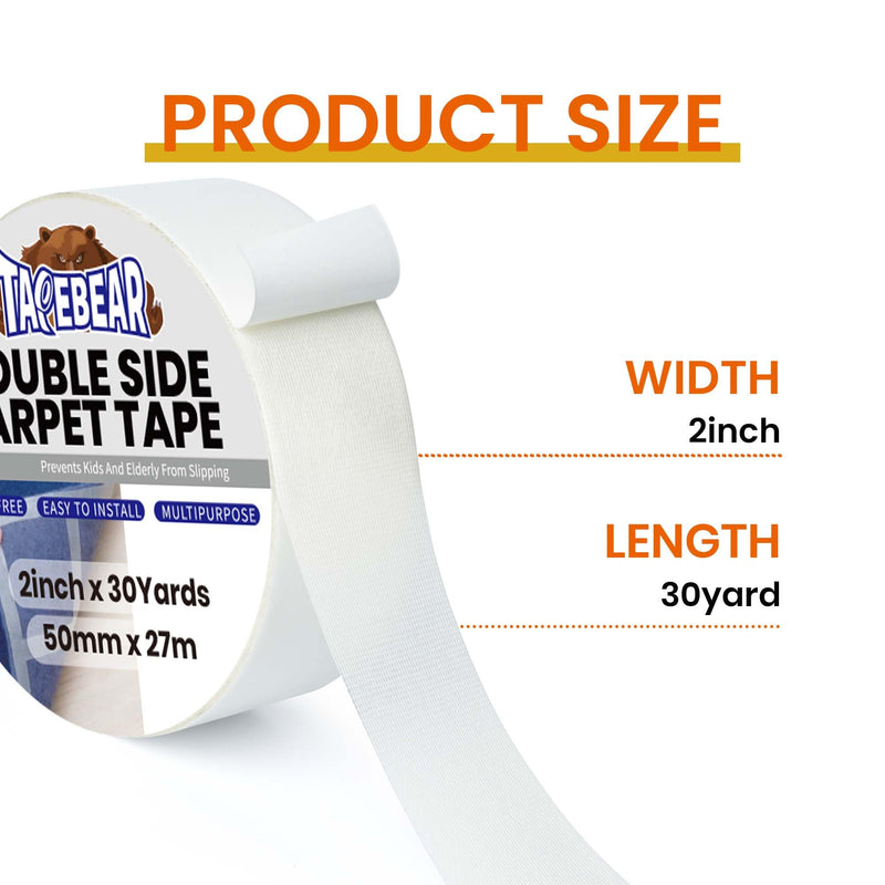 TAPEBEAR Carpet Tape Double Sided 2Inch x 30Yards, Heavy Duty Rug Gripper Anti Slip Anti Curling Floor Tape Residue-Free, Two Sided, Removable, Waterproof for Area Rugs, Mats, Strong Hold for Tile Clear Glue/White Package