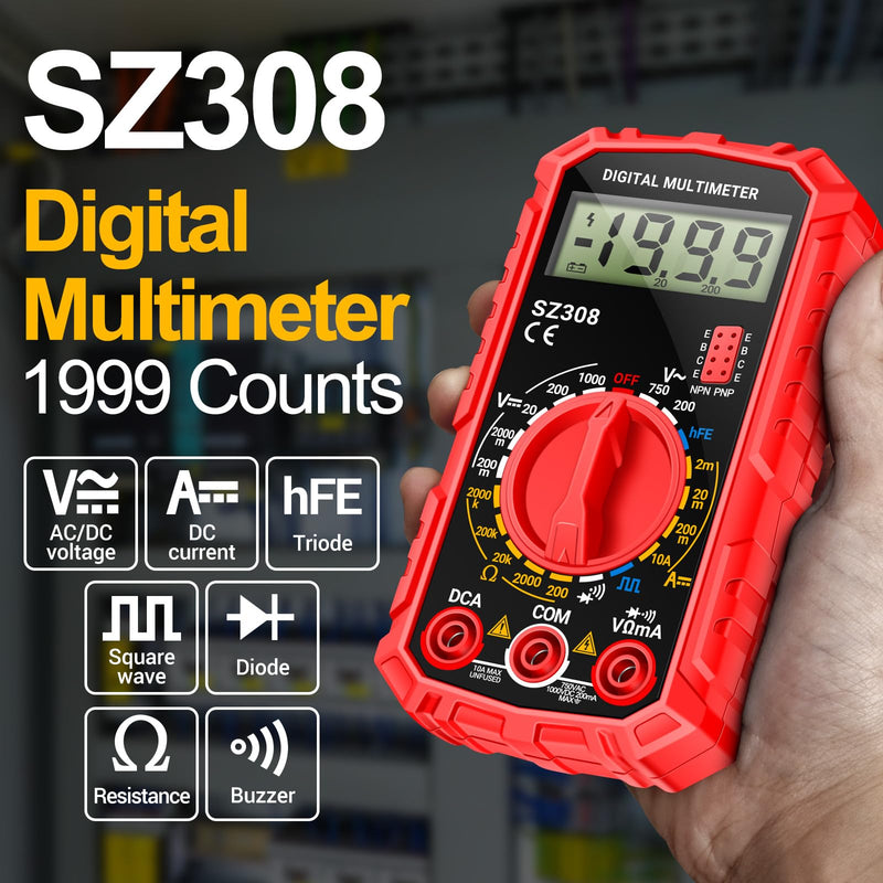 [Australia - AusPower] - ANENG Multimeter,SZ308 DC AC Volt Meter,Ohm Digital Multimeter Tester,Measures Voltage,Current,Resistance,Continuity,Diodes, Electrical Tester for Househould Tools,Automotive Battery Test(Red) SZ308 Red (With 16-piece test set) 
