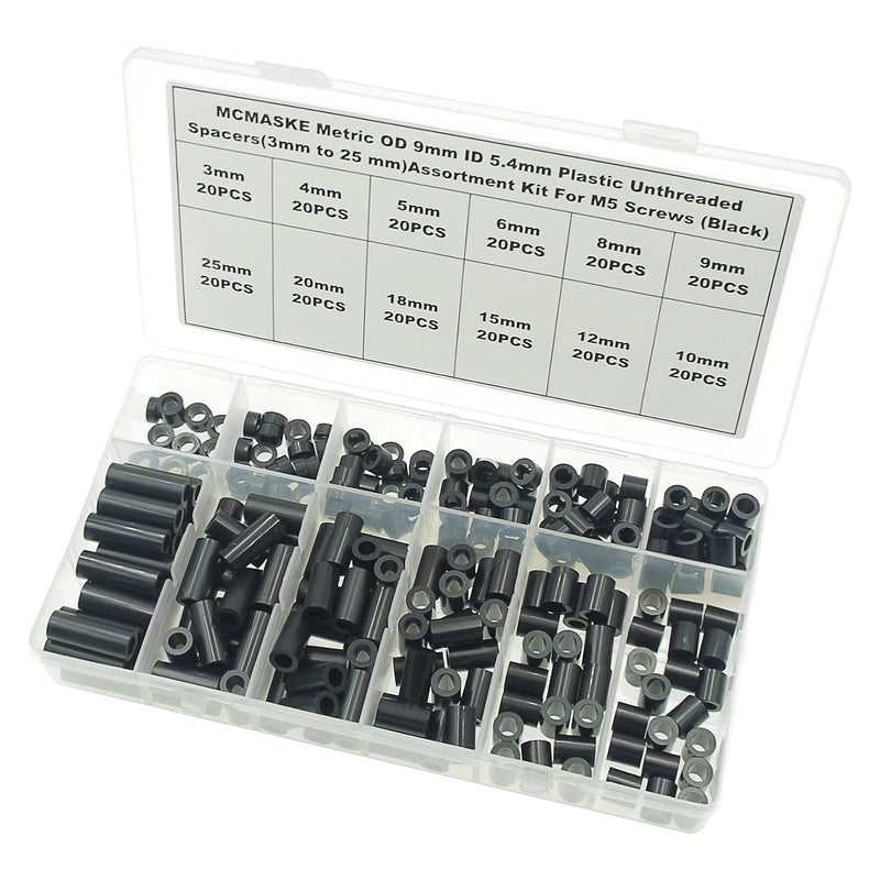 [Australia - AusPower] - OD 9mm(0.354") ID 5.4mm(0.212") Plastic Unthreaded Spacers Assortment Kit;Wall Plate spacers for M5 Screws;Clearance Spacers;Round Spacers;3mm to 25 mm Lengths (Black) OD 9mm ID 5.4mm 