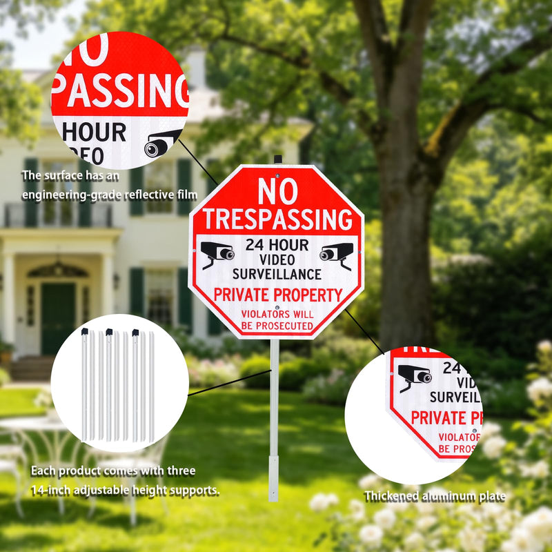 Large No Trespassing Signs Private Property Video Surveillance Sign with 42" Stake for Outside - 3 Pack - 12"x12" Engineering Grade Reflective Film, 050 Rust Free Aluminum, Reflective, Waterproof, Fade