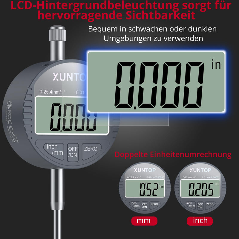 XUNTOP Magnetic Base Digital Dial Gauge Micrometer with Universal Magnetic Base 0~25.4 mm LCD Display Imperial/Metric for Laboratory Workshop