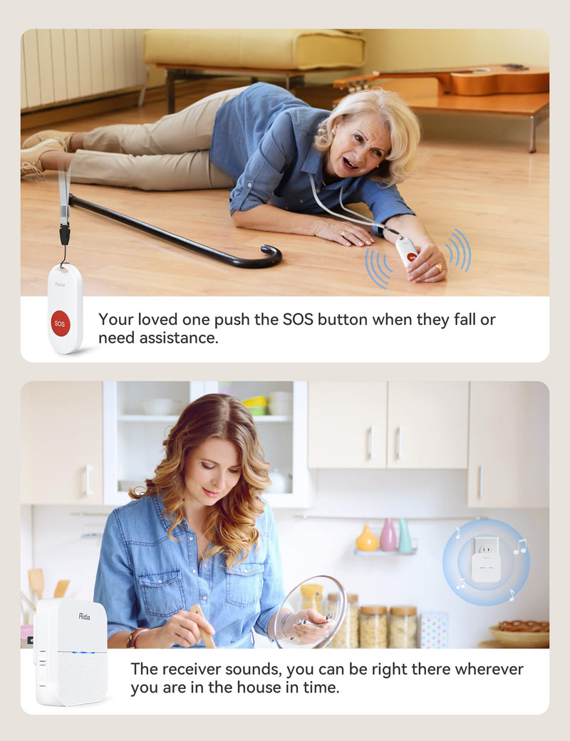 [Australia - AusPower] - AIDA Wireless Caregiver Pager, 2 SOS Call Buttons/1 Plug-in Receiver, 600 feet Range, 58 Chimes, 5 levels and up to 110dB Volume, for Home Pager Nurse Call Seniors Elderly Patients Children Emergency 