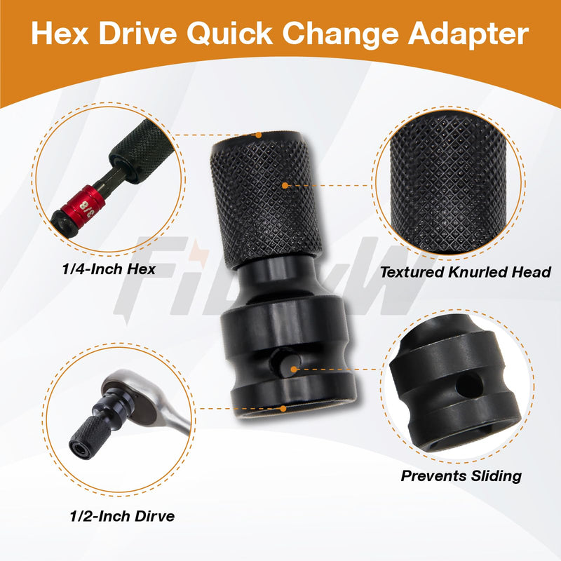 [Australia - AusPower] - 1/2-Inch Drive to 1/4-Inch Hex Drive Quick Change Adapter with Impact Grade Socket Adapter Set, Socket Adapter Converter Chuck Adapter for Impact Air and Electric Wrench 