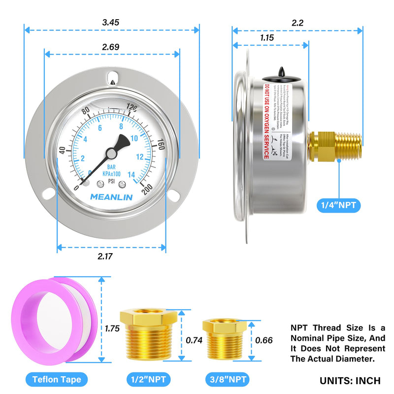 [Australia - AusPower] - MEANLIN MEASURE 0~200Psi Liquid Filled Pressure Gauge Front Flange Panel Mount, 1/4" NPT 2.5" FACE DIAL Stainless Steel Case with Phillips Screw, Nut and Brass Hex Bushing, +/-3-2-3% 