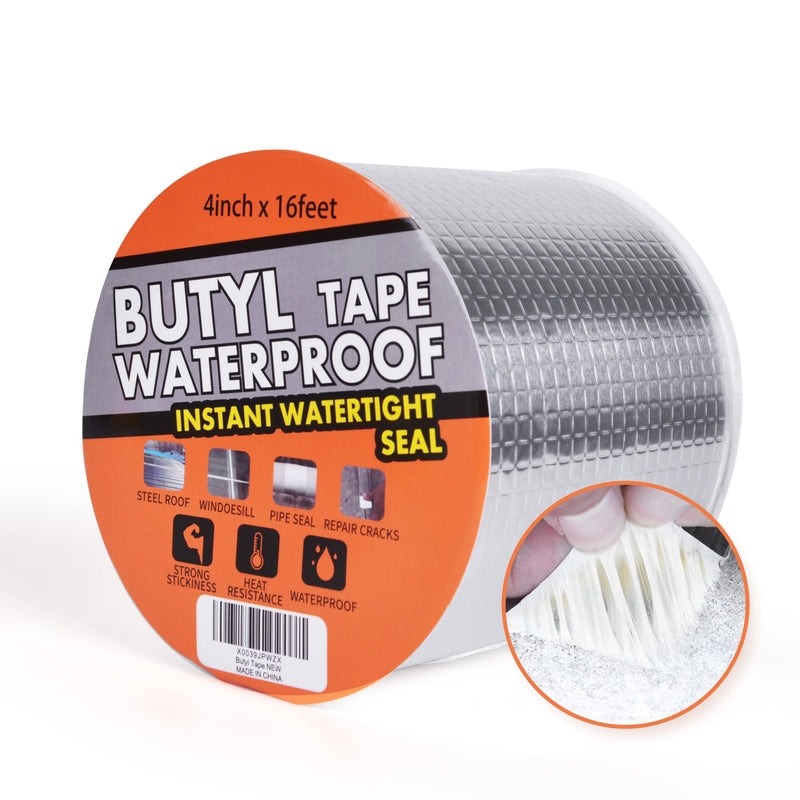 TAPEBEAR Butyl Tape Waterproof Sealing Tape Aluminum Foil Tape, for RV Repair, Window, Silicone, Glass & EDPM Roof Leak Patching, Boat and Pipe Sealing, Silver, 4inch x16feet 100mm x 5m 1
