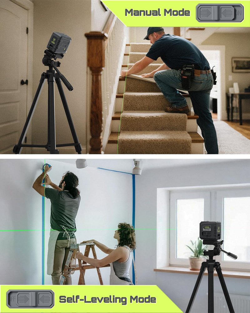 LASGOO Mini Self-Leveling Green Laser Level, Cross Line Laser ideal for Picture Hanging and Construction, Includes Magnetic Rotating Stand and Batteries, Compact and Portable