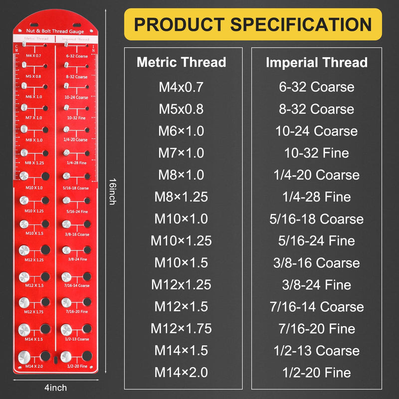 Upgrade 28 Nut and Bolt Thread Checker: Identibolt Bolt and Nut Gauge, 14 Metric & 14 Standard Sizes, Wall-Mountable Red rectangle