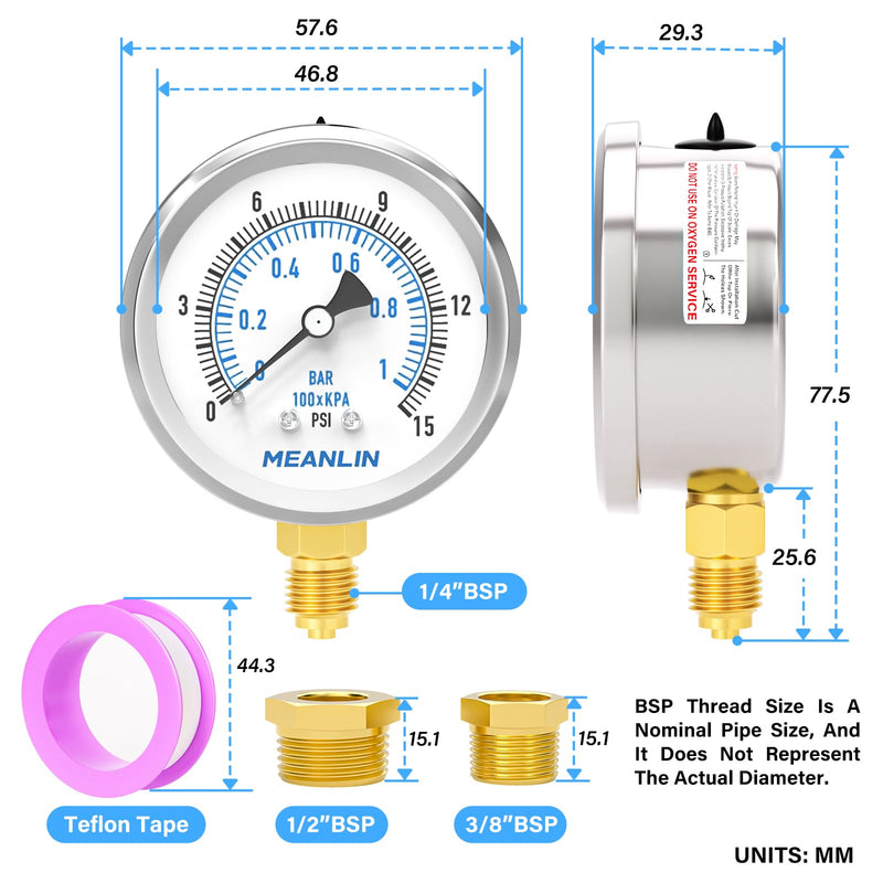 [Australia - AusPower] - MEANLIN MEASURE 0~1BAR/0~15PSI Dry Pressure Gauge Stainless Steel 1/4 Inch BSP 2 Inch Face Dial Waterproof for Fountain Pump Water Tyre Water Pressure Tester Bottom Bracket with 1/2 Inch BSP and 3/8 Mounted on the bottom 