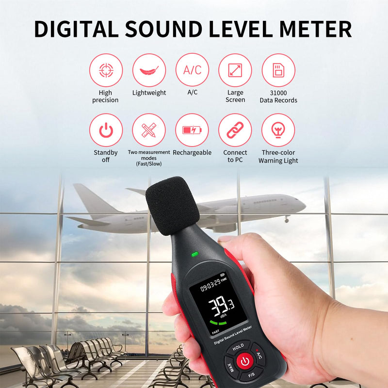 [Australia - AusPower] - OBEST Digital Portable Sound Level Meter with LCD Display, Decibel Meter, dB Meter 30 dB to 130 dB, Volume Meter, Noise Monitor with Alarm, Noise Meter Professional, Data Storage 