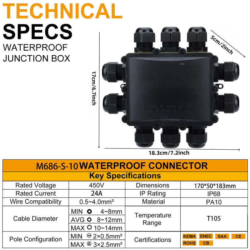 Waterproof Junction Box - IP68 10 Way M25 Large Outdoor Electrical Box for 4-14mm Cables, Heavy Duty Multi Wire Connector for Garden Underground and Exterior Power Wiring black 10-Way O-Shaped Waterproof Box