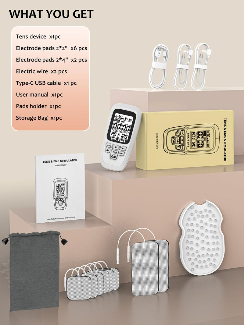 24 Modes TENS EMS Unit for Pain Relief, Muscle Stimulator Machine with 8 Reusable Electrode Pads - FDA Cleared 3-in-1 Device, 40 Intensity Levels, 90 Min Timer, Back/Neck/Knee Therapy, Pulse 2-150Hz 280 White
