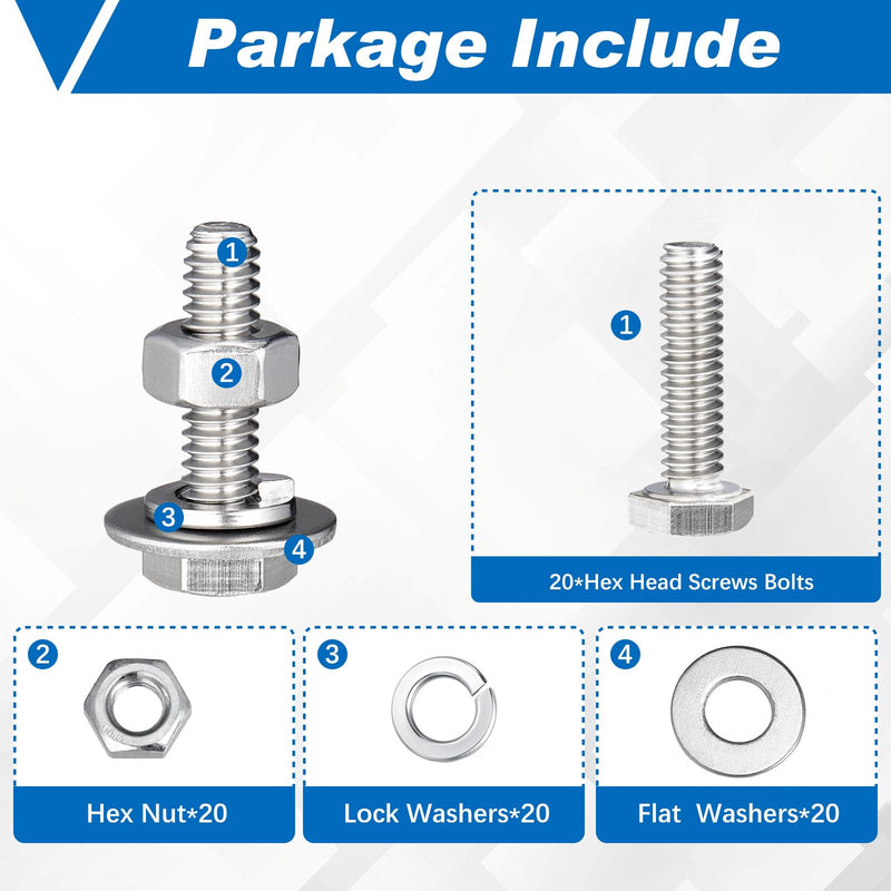 [Australia - AusPower] - Therwen 20 Set 80 Pcs Stainless Steel Hex Head Screws Bolts, Nuts, Flat Lock Washers, Thick Stainless Steel Bolts and Nuts, Fully Threaded by Bolt(1/4-20x1) 1/4-20x1" 