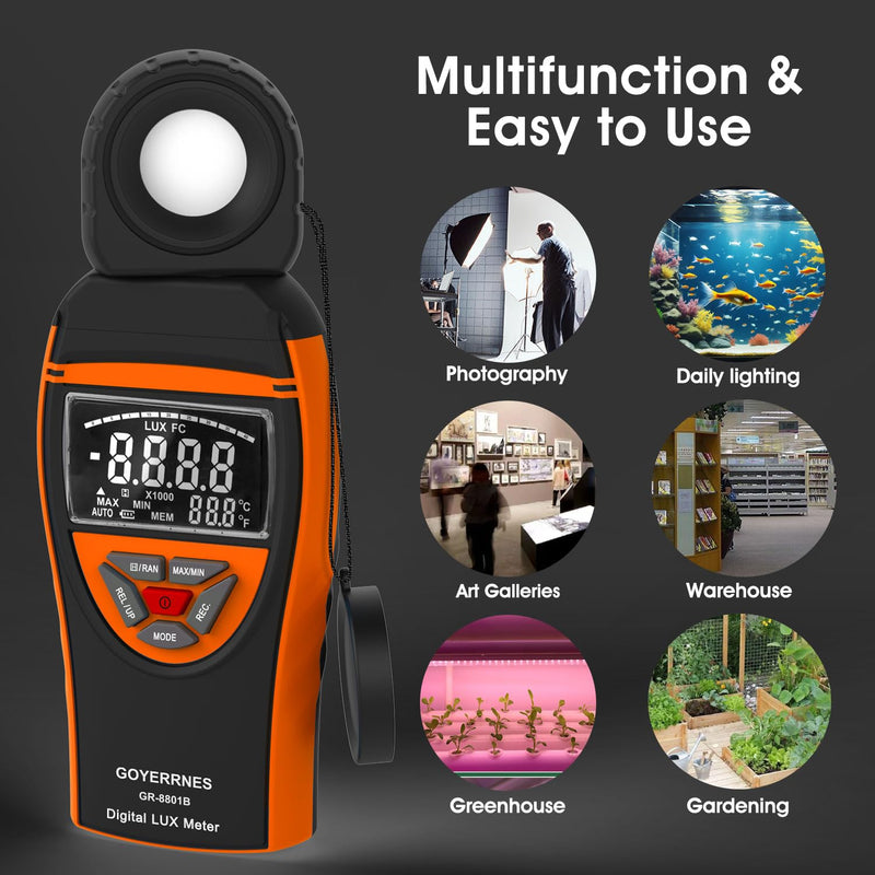 [Australia - AusPower] - Illuminance Light Meter, Digital Lux Foot Candles Meter 0.1~400,000 Lux (0.1~40,000 FC) with 270º Rotatable Detector, Lumen Meter Luxmeter for Indoor Outdoor 