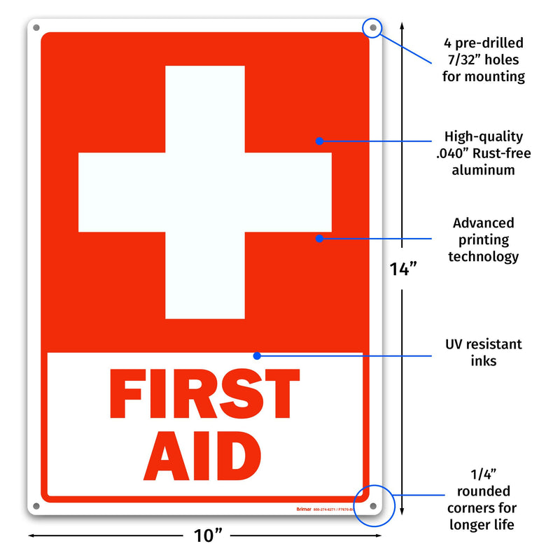 Brimar - 10 x 14" - First Aid Sign - .040″ Rust-Free Aluminum - Standard Size - Easy Installation 10x14" Red (Rust-Free)