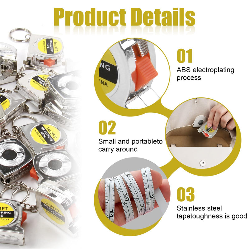 30 Pack 3ft Mini Tape Measure Keychain, Sliver Portable Retractable Small Tape Measure with Slide Lock, Construction Party Favors for Prize Bag Filler DIY Projects School Office Home Project Daily Use 30