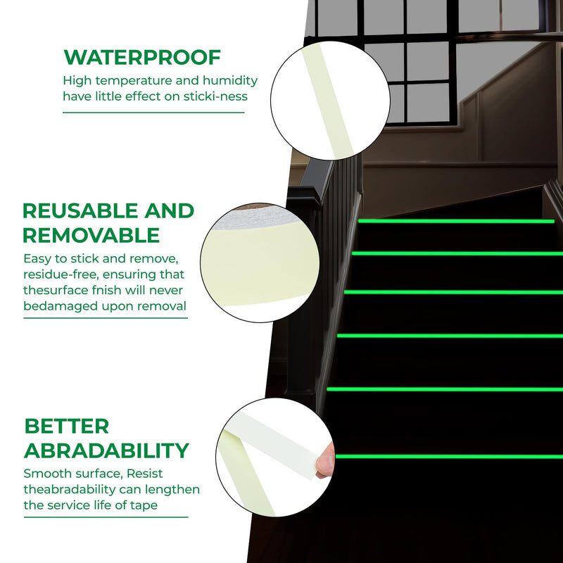 SIDAZON Glow in The Dark Tape,1/2 in x33FT Luminous Fluorescent Photoluminescent Tape Stickers for Stairs Steps and Walls Exit Sign Bright Rechargeable and Long-Lasting Night Decorations Home Marking 1/2in x33FT Green