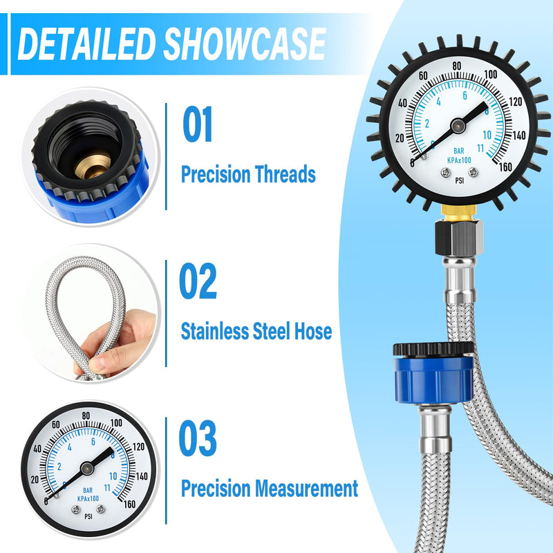 [Australia - AusPower] - ERGAOBOY 0-11 Bar (0-160Psi) Stainless Steel Water Pressure Gauge, 3/4" BSP to 1/2" BSP Garden Hose Female Thread with Hose 0-11 Bar(3/4"-1/2" with Hose) Lower Mount 