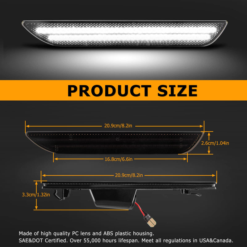 Gempro LED Side Marker Lights for Ford Mustang 2015-2023 Rear White Fender Marker Reflectors Lamps Smoked Len, 2PCS WHITE LED