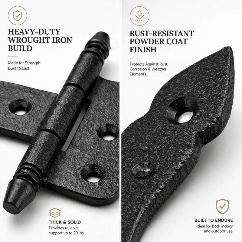 Renovators Supply Manufacturing Pack of 2 Shed Door Hinge 5 in. Black Wrought Iron Antique Style Decorative Flush Mount Cast Iron Barn Door Shed Hinge with Mounting Hardware