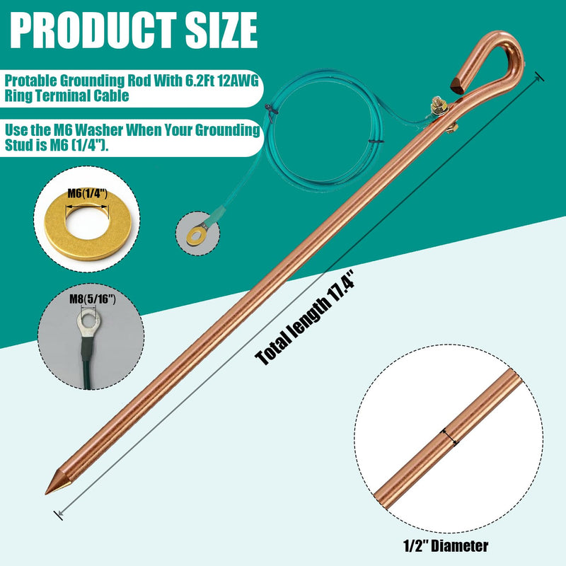 Generator grounding kit with 6ft Female Ground Cord,grounding rod for generator,Grounding Wire with Crocodile Clip for Electric Fences,Antennas (17.4 inch Ground Rod + 6.2ft Lugs Wire) 17.4 inch Ground Rod + 6.2ft Lugs Wire