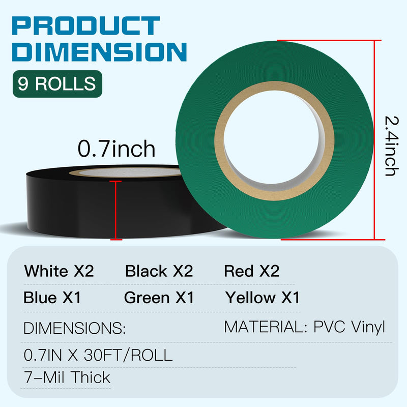 9 Rolls Coloured Electrical Tape - Professional White Black Red Green Blue Yellow Electrical Tape (0.7 Inch by 30 Feet), Electric Tape is Suitable for Domestic, Commercial, and Industrial Use