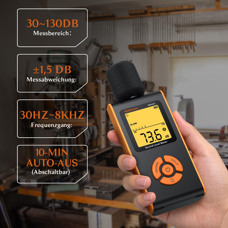 Sound Level Meter, Decibel Meter 30 dB to 130 dB, A/C Weighted Portable Noise Meter for Home Factories, with LCD Display, 3 Colors, MAX/MIN/HOLD, Fast/Slow Response Sound Pressure Meter