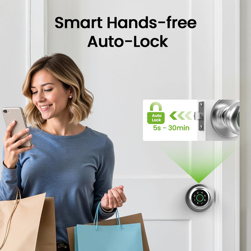 GHome Smart Fingerprint Door Lock, 4 in 1 Smart Fingerprint Door Knob with Keypad, App Control, Auto Lock, Biometric Door Knob with Lock for Bedroom, Apartment, Garage, Home & Office 4 IN 1- Silver