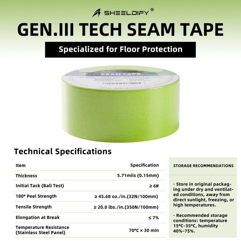 Gen.III Seam Tape Specialized for Floor Protection | Edge Tape | Masking Tape, 90 Day+ (Green, 1 Roll, 2" x164') Green 1 Roll, 2"x164‘
