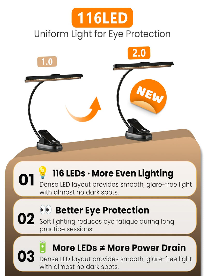 [Australia - AusPower] - Vekkia Professional 116 LED Rechargeable Music Stand Light - Foldable Clip-on Lamp, Eye-Protective, 5 Brightness & 3 Color Temp Adjustments, for Piano, Reading 6 Watts 