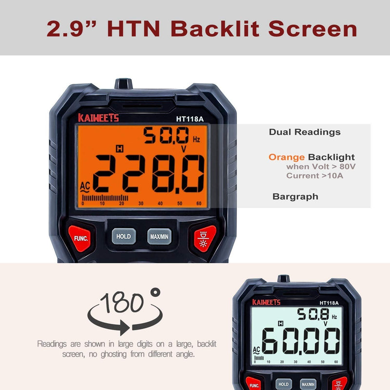[Australia - AusPower] - KAIWEETS Digital Multimeter TRMS 6000 Counts Ohmmeter with 5PCS Alligator Clips Electrical Test Leads Set, Multimeter Measures Voltage Current Amp Resistance Diodes Continuity Duty-Cycle Capacitance T 