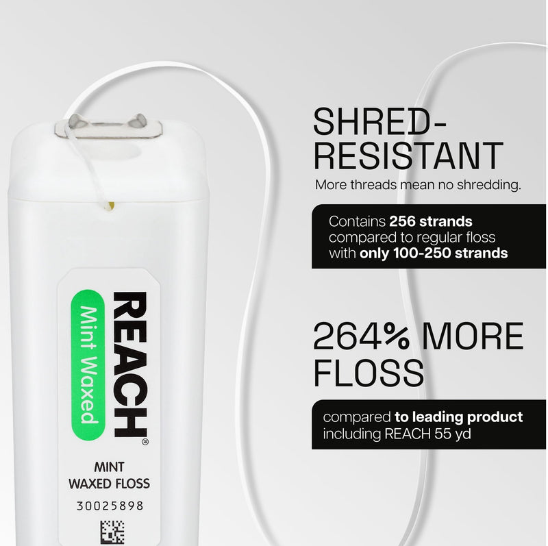 REACH Waxed Dental Floss, Mint, Plaque Remover for Teeth, Shred Resistant, Floss Slides Smoothly, Easy to Use, Waxed, Deep Cleaning Teeth, Oral Care, PFAS Free, for Adults & Kids, 6 Pack, 200 yd 600 Foot (Pack of 6)